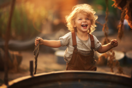 Happy child playing outdoors , copy space ,Generative AI.の素材