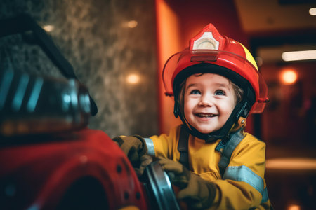 Happy child playing Firefighter at indoor ,Generative AI.の素材