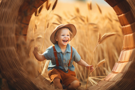 Happy child playing outdoors , copy space ,Generative AI.の素材