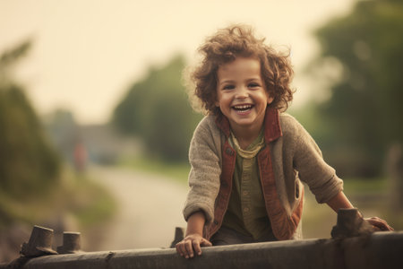Happy child playing outdoors , copy space ,Generative AI.の素材
