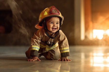 Happy child playing Firefighter at indoor ,Generative AI.の素材
