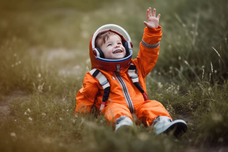 Happy child playing space suit at outdoors  ,Generative AI.の素材