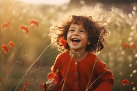 Happy child playing outdoors , copy space ,Generative AI.の素材