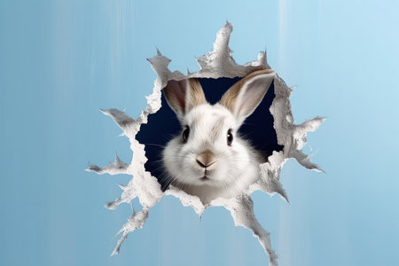A rabbit looks out of a hole in a blue wall.の素材