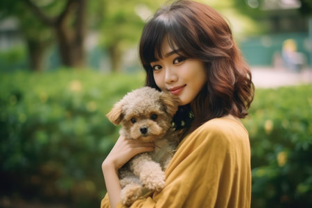 Beautiful asian woman holding cute dog in the park.の素材