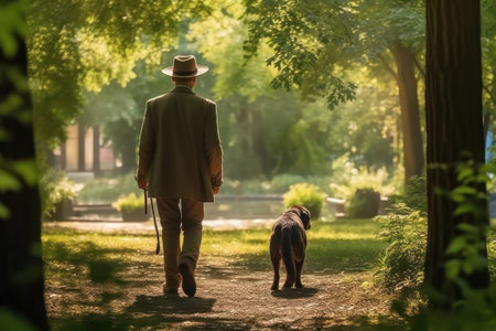 Rear view of man and dog walking in green park in summer.の素材