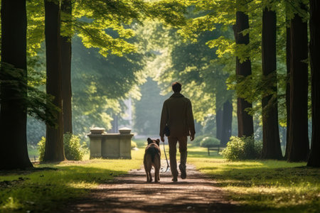 Rear view of man and dog walking in green park in summer.の素材