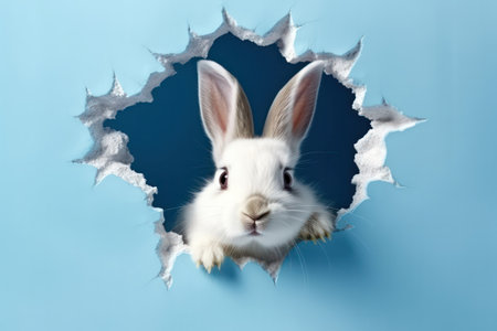 A rabbit looks out of a hole in a blue wall.の素材