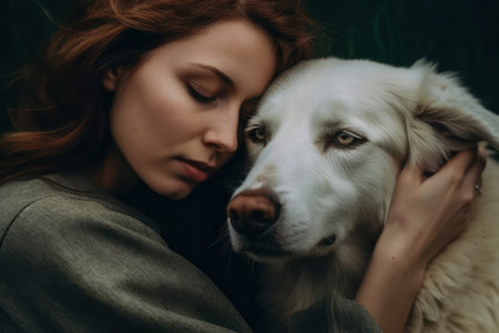 A woman shows affection while petting her dog.の素材