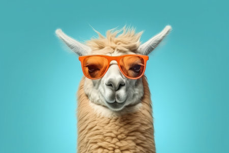 Llama in sunglasses isolated on blue background.の素材