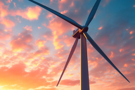 Wind turbines on background with glowing sunset.の素材