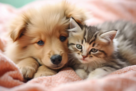 Adorable puppy and kitten sleeping together Show love to each other.の素材