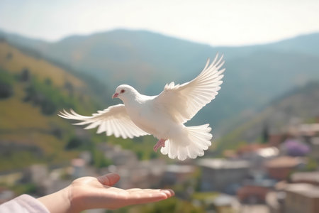 Releasing white pigeons Freedom concept and international day of peace.の素材