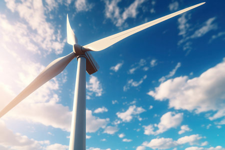 Close-up of wind turbine on blue sky background.の素材