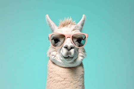 Llama in sunglasses isolated on blue background.の素材
