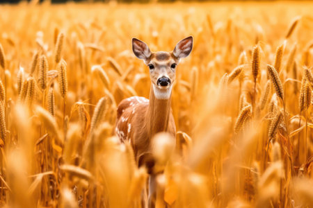 Deer standing in a corn field in summer.の素材