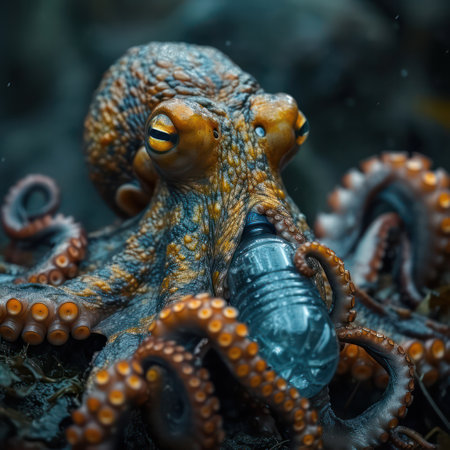 Octopus holding a plastic bottle Marine garbage conceptの素材
