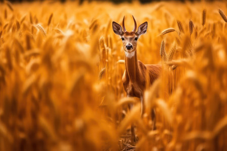 Deer standing in a corn field in summer.の素材