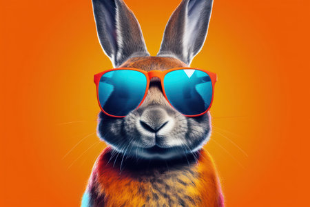 Cool bunny with sunglasses on a colorful orange background.の素材