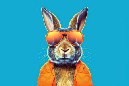 Cool bunny with sunglasses on colorful blue background.の素材