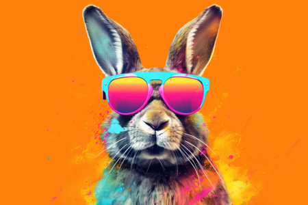 Cool bunny with sunglasses on a colorful orange background.の素材