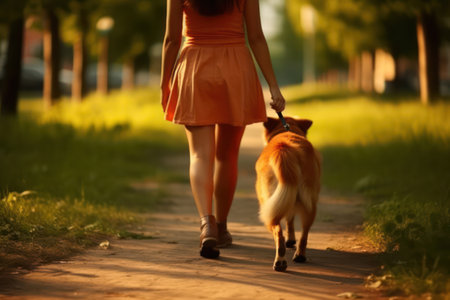 Close up foot Back view of a woman with a dog walking in a summer park.の素材
