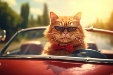 Cat rides in a red convertible car. relaxing summer vacation.の素材