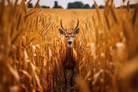 Deer standing in a corn field in summer.の素材