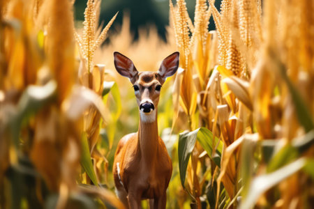 Deer standing in a corn field in summer.の素材