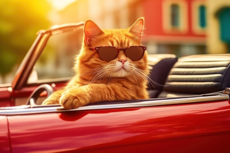 Cat rides in a red convertible car. relaxing summer vacation.の素材