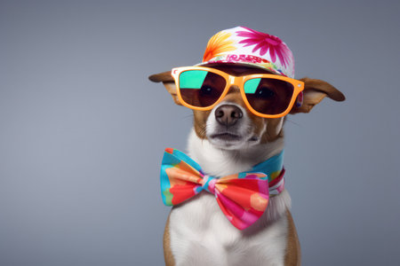 A dog wears a colorful hat and stylish sunglasses. White background.の素材