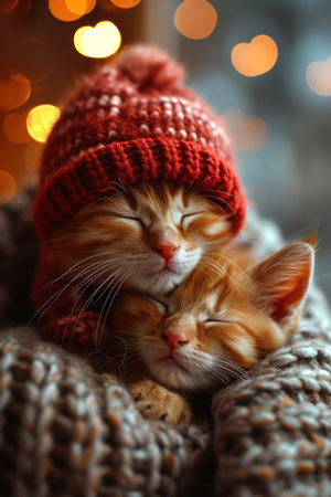 Two cheerful kittens Put on a comfy red knit hat. Lying close together, the background is a warm bokeh effect.の素材