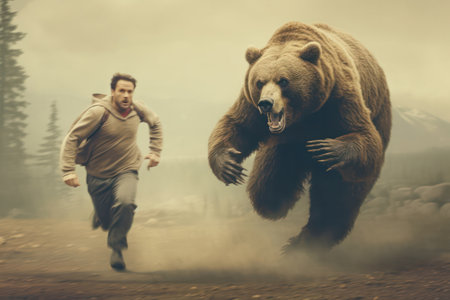 A man is running away from a grizzly bear in the forest.の素材