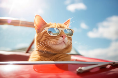 Cat rides in a red convertible car. relaxing summer vacation.の素材