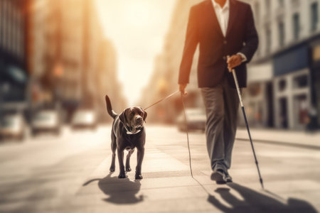 Blind disabled man wearing black sunglasses And a guide dog is walking of a city street, the city background is blurred.の素材