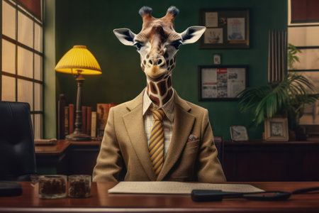 Giraffe in work clothes at table in officeの素材