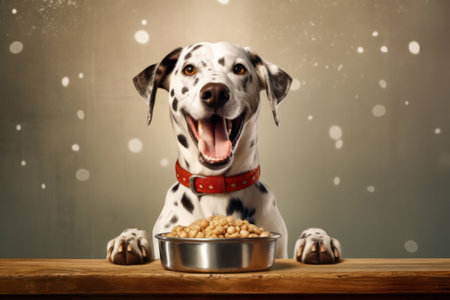 Happy smiling dog standing in front of a bowl with dog food on a plain background.の素材