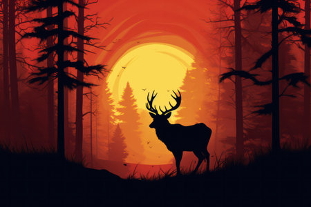 Silhouette of a deer in the forest at sunset.の素材