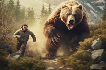 A man is running away from a grizzly bear in the forest.の素材