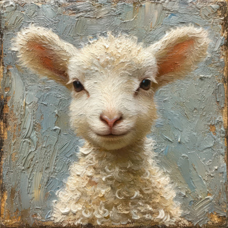 Adorable lamb standing smiling on old cement background.の素材