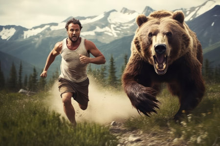 A man is running away from a grizzly bear in the forest.の素材