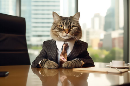 Cat in work clothes at a table in an office room.の素材
