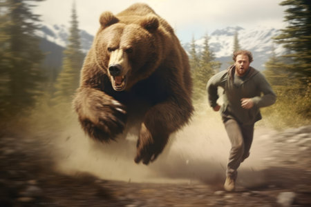 A man is running away from a grizzly bear in the forest.の素材
