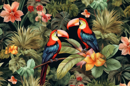 Tropical wallpaper with trees and birds.の素材