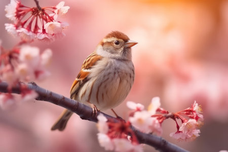 A cute sparrow in a warm spring on a cherry tree branch.の素材