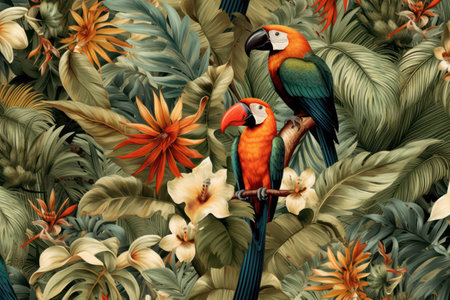 Tropical wallpaper with trees and birds.の素材