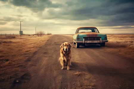 Dog abandoned on the road in a deserted area.の素材