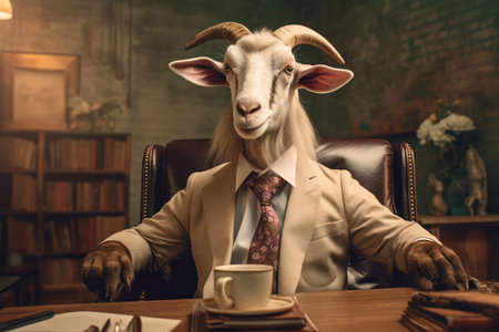 Portrait of a goat in a business suit at the office.の素材