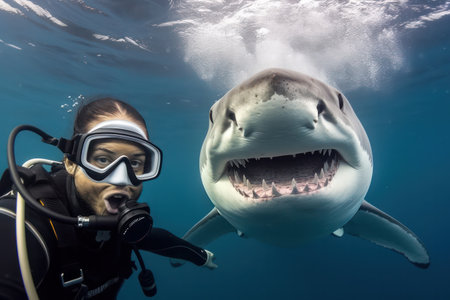 Diver selfie with a great white shark underwater.の素材