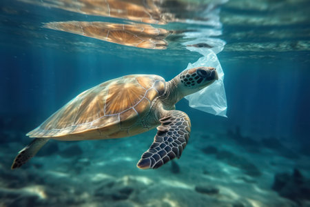 Turtle swimming near a plastic bag Ocean plastic pollution concept.の素材